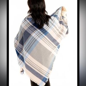 Brand new Just cozy blue, peach & gray fringed blanket scarf!!